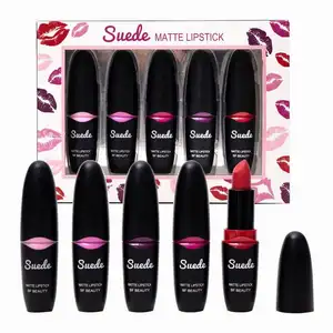 Confezione da 5 colori in pelle scamosciata sub warhead contenitore a forma di labbro che mostra rossetto opaco impermeabile all'ingrosso