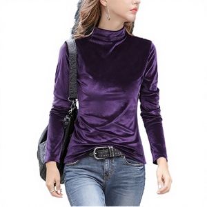 T-shirt décontracté à col roulé pour femme, coupe classique, manches longues, respirant, tissé uni, tendance automne-hiver - Product Image 2