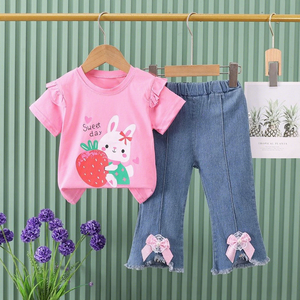 Estivo da <span class=keywords><strong>bambina</strong></span> Casual due pezzi nuovo cartone animato unicorno manica corta Bowknot <span class=keywords><strong>pantaloni</strong></span> lunghi in Denim con tessuto - Product Image 2