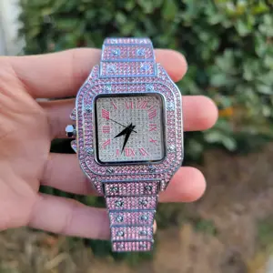 Silver Plated Iced Out Diamonds Square Watch Hip Hop Luxury Waterproof Full Pink Blue CZ Quartz Watch For Women Man Jewelry