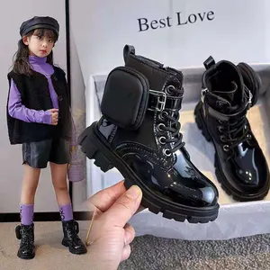 Черные модные трендовые кожаные тканевые сапоги для девочек на шнуровке в британском стиле детская хлопковая обувь на молнии зимние сапоги