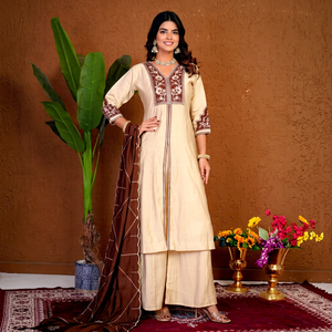 Conjunto de Kurta de Algodón Beige Bordado para Mujer con Palazzo y Dupatta Marrón - Product Image 1