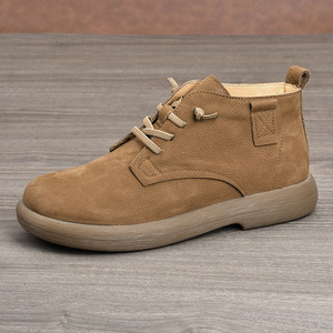 Genuine Leather Ankle Boots <b>Round</b> <b>Toe</b> Flat <b>Heel</b> Plush Lining Anti Slip Retro Style Men's Winter Shoes - Product Image 1