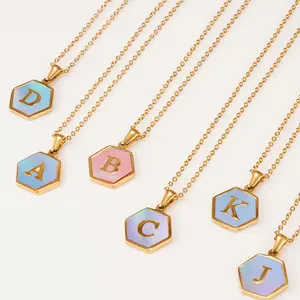 Wholesale Custom Logo 18K Real Plated Stainless Steel 26 Letters Initial Tag Hexagon Shape Blue Shell Pendant Necklace