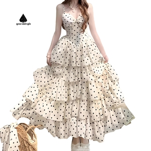Yüksek kalite lüks katmanlı fırfır uzun elbise yaz Polka Dot baskılı kadınlar rahat elbise V boyun seksi Maxi moda parti elbise - Product Image 1
