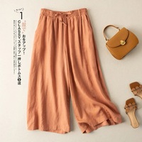 Pantalon large femme en coton et lin drapé léger, taille haute, style décontracté et ample, longueur sept points, collection été 2026