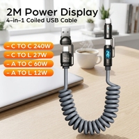 Kabel USB C 4 in 1 Gulung Retraktil Daya Tinggi 240W 6FT Pengisian Cepat dengan Layar Daya Digital untuk Multi Perangkat