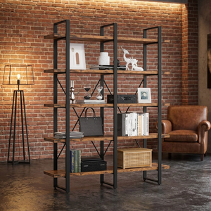 Industrial Double Wide 5 Tier Bookshelf Wood <b>Metal</b> Frame Large Open Display <b>Shelf</b> Bookcase for Home Office Living Room - Product Image 1