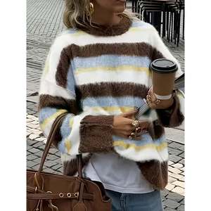 Suéter de Mujer para Invierno, Casual, de Punto con Rayas, Corte Holgado, Color Amarillo Marrón - Product Image 1