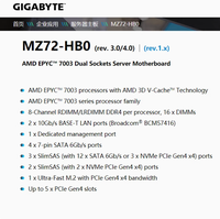 Motherboard Server Gigabyte MZ72-HB0/2 Dual-Way EATX Baru Mendukung CPU AMD EPYC 7003 Memori DDR4 Kapasitas 256GB SATA Terintegrasi