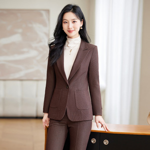 Women's Brown Suit Set Polyester Worsted Full Sleeve Anti-Wrinkle Office Lady Autumn Formal Workwear - Product Image 5