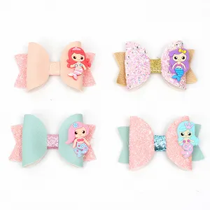 3 Inch Boutique Mermaid Cartoon Hair Clips Baby Girls Barrettes Leather Glitter Hair Bows for Girls