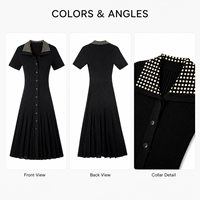 Robe en tricot pointelle noire pour femme, col polo, manches courtes, longueur midi, vente en gros, marque privée