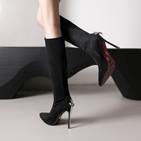 Bottes noires extensibles au-dessus du genou pour femme, à bout pointu, talons aiguilles, semelle extérieure rouge, effet amincissant, automne, talon très haut