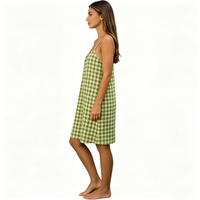 Robe midi droite froncée à fines bretelles à carreaux verts pour femme, décontractée, ample, d'été, tenue d'intérieur, vêtement de nuit, boutique de détail