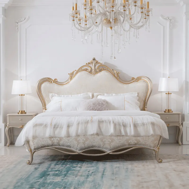 금색과 조각 패턴 1.8M 마스터 침실 웨딩 침대 유럽 스타일 단단한 목재 가구 프랑스 복고풍 패브릭 더블 침대
