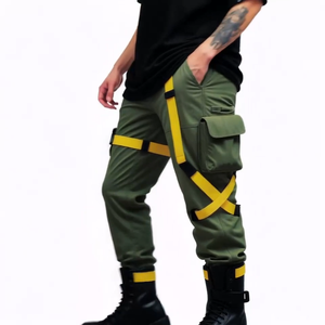 트렌디 한 미드 웨이스트 카모 카고 바지 옐로우 스트랩 멀티 포켓 디자인 힙합 스타일 자수 타이 다이 스판덱스 겨울 다크 - Product Image 2