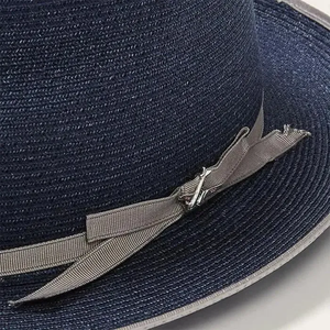 Elegant <b>Navy</b> Blue Woven Straw Fedora <b>Hat</b> for Men Breathable Wide Brim Summer Dress <b>Hat</b> with Grosgrain Trim - Product Image 5
