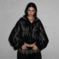 Hoodie Oversize Y2K Vintage Acid Wash Jacquard Tie-Dye Streetwear Berhias Rhinestone dan Efek Distressed untuk Wanita