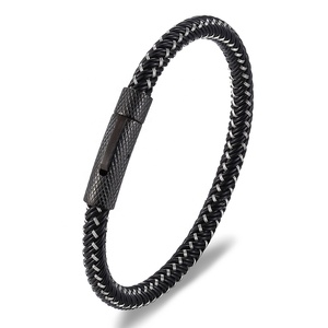<span class=keywords><strong>Bracelet</strong></span> tressé en métal pour hommes, Punk, en acier inoxydable, breloque en cuir, <span class=keywords><strong>Bracelet</strong></span> noir, bijoux de haute qualité, cadeau - Product Image 1