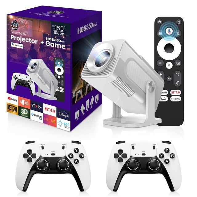 Smart 4K Projector with WiFi6 & Game Controller - Android 11, 40-150" Screen, Built-in Games, Voice Remote