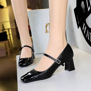 Retro Heel, Thick Heel, Shallow <strong>Mouth</strong> Splicing, Square Toe Rhinestone Buckle, Single Strap, Spring and Autumn Women's Shoes - Product Image 4