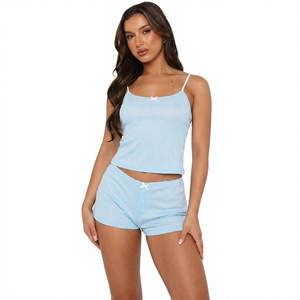 Custom Logo Women Ribbed Cami Tops <b>Shorts</b> Lounge Set Wholesale Cotton <b>Pajamas</b> Sets Factory OEM Casual Sleepwear Bulk Supplier - Product Image 2