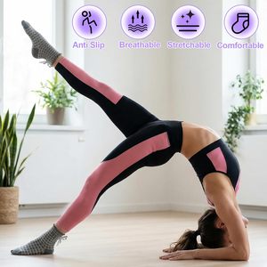 Calcetines de Yoga, Pilates, Baile y Ejercicio para Mujer, Antideslizantes, con Lazo, por Encima de la Rodilla, en Cuadros, Morado, Gris, Amarillo y Verde - Product Image 4