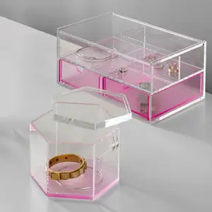 Матовая розовая акриловая шкатулка для ювелирных изделий, пластиковая шкатулка для хранения ювелирных изделий, индивидуальный двухслойный дорожный Органайзер с ящиком для женщин