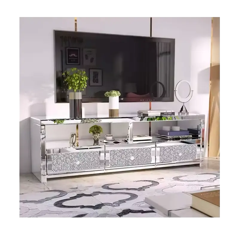 Moderner spiegel-Kristall-TV-Stehbank mit 3 Schubladen silberne Fernsehkonsole Tisch Fernsehschrank für Wohnzimmer Hotelmöbel