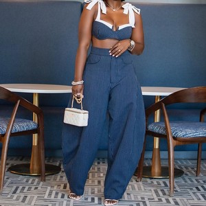 Women's Fall New Arrivals Fashionable Sexy <b>Patchwork</b> Strappy Crop <b>Top</b> Wide-Leg Pants Striped Casual 2-Piece Set Fashion - Product Image 2