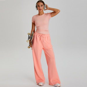 XW-TM0252Y-1 Completo Sportivo da <span class=keywords><strong>Donna</strong></span> per Esterno, T-Shirt Fitness <span class=keywords><strong>a</strong></span> <span class=keywords><strong>Coste</strong></span> e <span class=keywords><strong>Pantaloni</strong></span> Larghi per Yoga e Palestra - Product Image 4