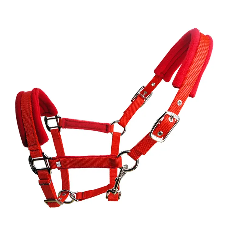 Horse Equipment Soft Padded Adjustable Nylon Horse Halter with Metal Hardware Pull Rope Halters with Nickle Plated Rings