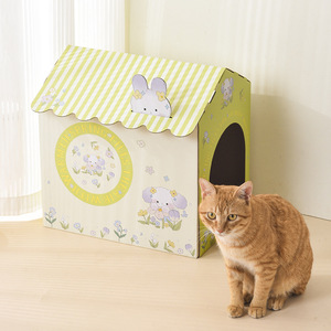 Casa de cartón para gatos, rascador para gatos, caja de cama integrada para gatos, casa de cartón creativa con diseño de dibujos animados, cartón corrugado - Product Image 2