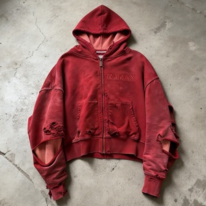 Sudadera con capucha de invierno personalizada de punto gofrado de doble capa 100% algodón con cremallera, corte holgado, efecto desgastado, apliques bordados y lavado ácido - Product Image 2