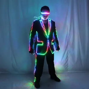 Full Color Rgb Led Pixel Lights Jasje Jas Bedrukt Danskostuum Tron Pak Licht Up Dancerwear Outfit