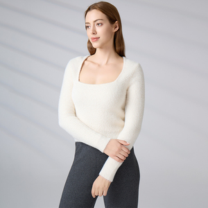 Suéter de punto afelpado con cuello cuadrado para mujer, mezcla de lana, manga larga acanalada, ajuste ceñido, top de punto para otoño/invierno al por mayor - Product Image 3
