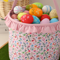 Panier de Pâques rose avec nœud et bordure à volants, grande capacité, sac de chasse aux œufs, seau à bonbons de Pâques, seau cadeau de Pâques pour fête d'enfants