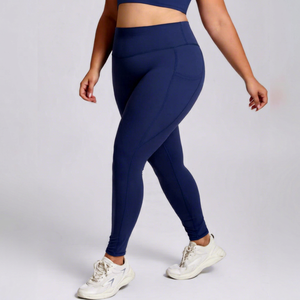 <b>Women</b> High Waisted Tummy Control <b>Leggings</b> <b>Navy</b> Blue Solid Full Length Athletic Pants With Pockets - Product Image 1