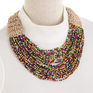 vintage exaggerated bohemian hawaiian style handmade multilayer woven wax rope beads necklace jewelry