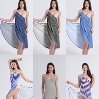 Ladies Sexy Backless Loose V Neck Stripe Bohemia Tropical Print Casual Vacation Beach Dress Femme