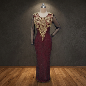 Robe de soirée moulante de luxe en satin respirant, brodée, noire et bordeaux, pour occasions formelles - Product Image 2