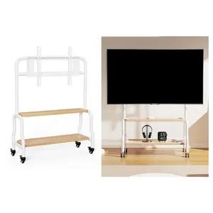 Fits Most 32-65 Inch Screens Steel Mobile TV Trolley Floor Stand Moving TV Cart With Wooden Dvd Shelf