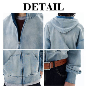 KingSen OEM Sweat à capuche zippé pour homme, hiver, délavé à l'acide, brodé, effet vieilli, en molleton bouclette 100% coton, coupe ample, respirant - Product Image 6