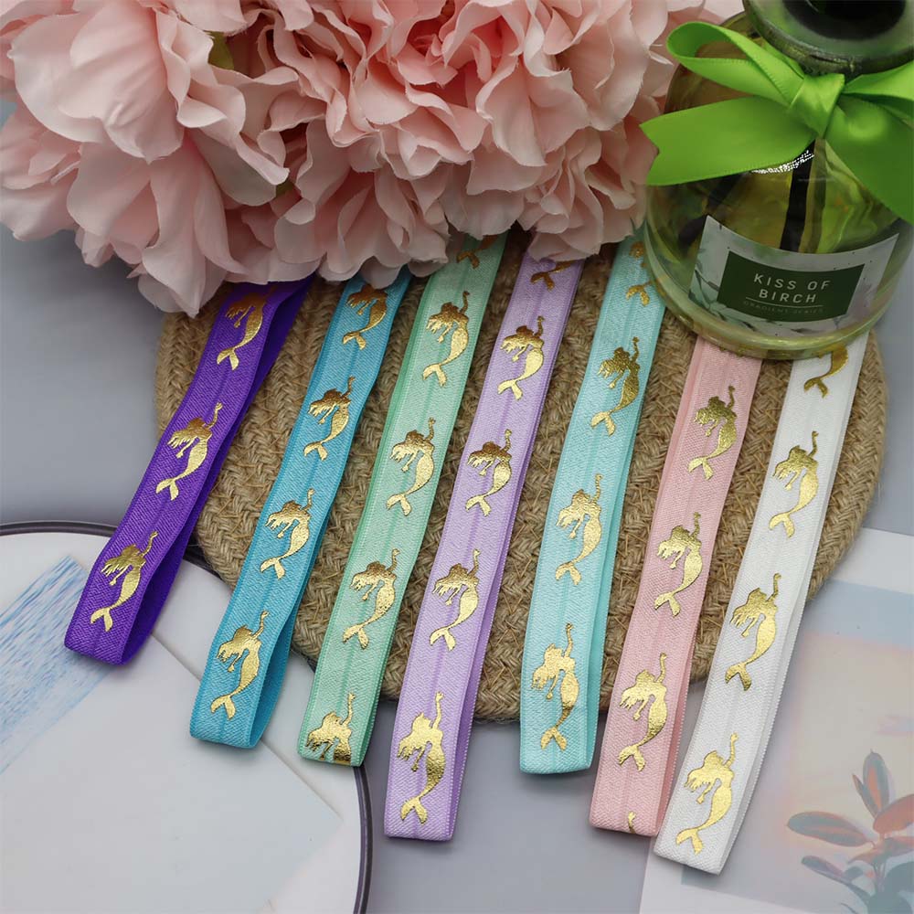 15 мм, оптовая продажа, Золотая фольга с принтом русалки, эластичная лента для завязывания волос