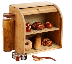 Double-layer bamboo bread box, suitable for kitchen food storage, large-capacity bread roll top with removable layer