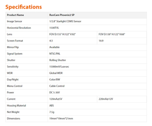 Runcam Phượng 2 sp FPV máy ảnh 1/2.8 COMS 1500tvl toàn cầu WDR 4:3/16:9 NTSC/PAL - Product Image 6