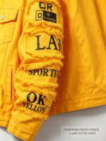 Nouvelle veste en jean jaune pour homme, style streetwear, avec patchwork graphique, bords effilochés, effet usé, veste de camionneur, vêtements d'extérieur pour homme