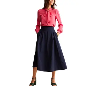 Jupe trapèze taille haute pour femmes jupe de pluie en coton de bureau à la mode avec poches et volants travail solide plissé ample