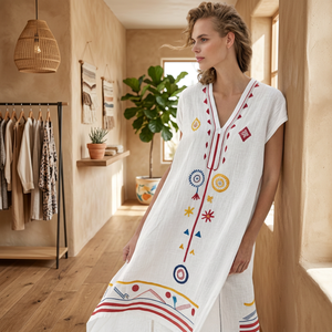 Robe longue bohème à col en V, broderie à la main, motif géométrique, coupe classique, manches courtes, respirante, tricotée, dentelle délicate, taille naturelle - Product Image 3